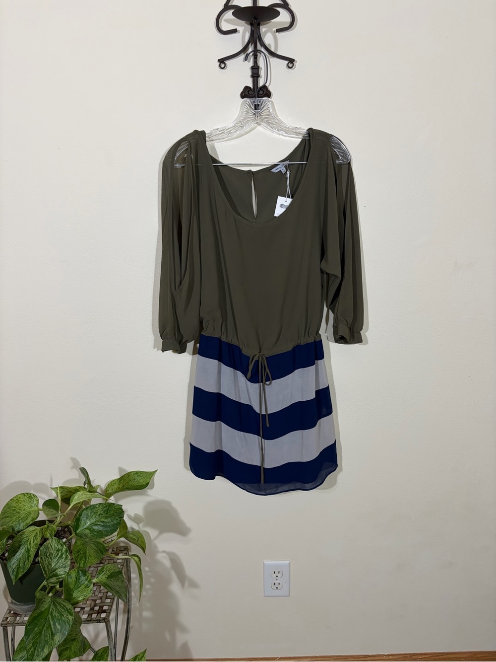 Naked Zebra Olive Top with Navy and Light Gray Striped Skirt Mini Dress